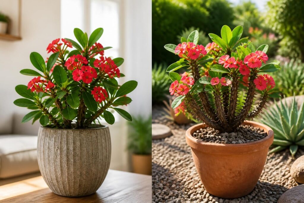 découvrez comment entretenir et cultiver l'euphorbia milii en intérieur ou en extérieur, selon la variété, grâce à nos conseils pratiques pour une plante saine et florissante.
