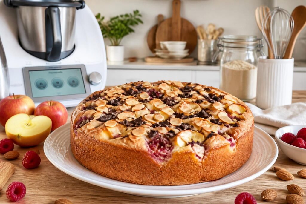 découvrez notre recette facile de gâteau pomme framboise, délicieusement agrémentée d'amandes et de chocolat. préparez-le rapidement avec ou sans thermomix pour un dessert gourmand et fruité.