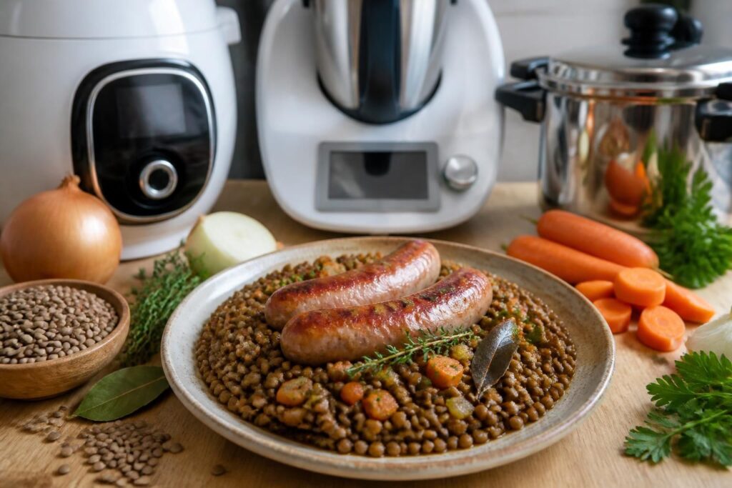 découvrez des recettes faciles de saucisses aux lentilles préparées au cookeo, thermomix et cocotte minute pour des plats savoureux et rapides à cuisiner.