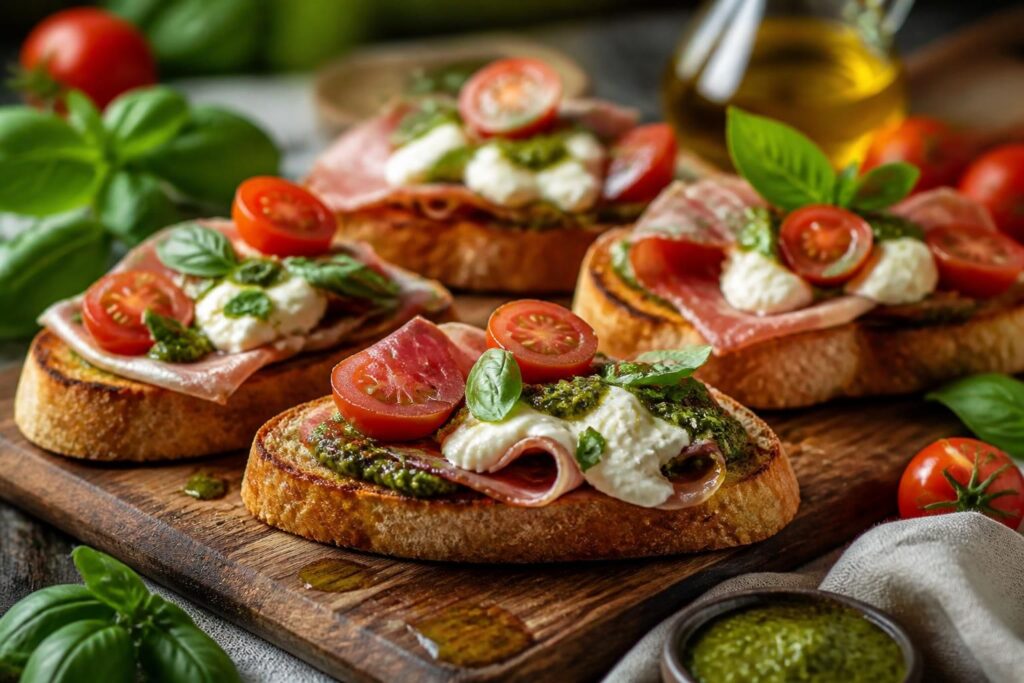 découvrez nos délicieuses recettes de bruschettas jambon cru, agrémentées de mozzarella, burrata fondante et pesto frais pour des saveurs authentiques et gourmandes.