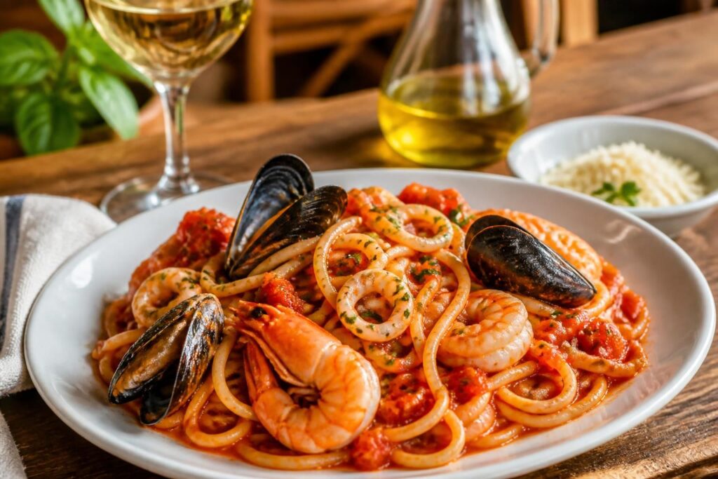 découvrez nos recettes traditionnelles italiennes de spaghetti aux fruits de mer, savoureusement nappés d'une sauce tomate authentique.