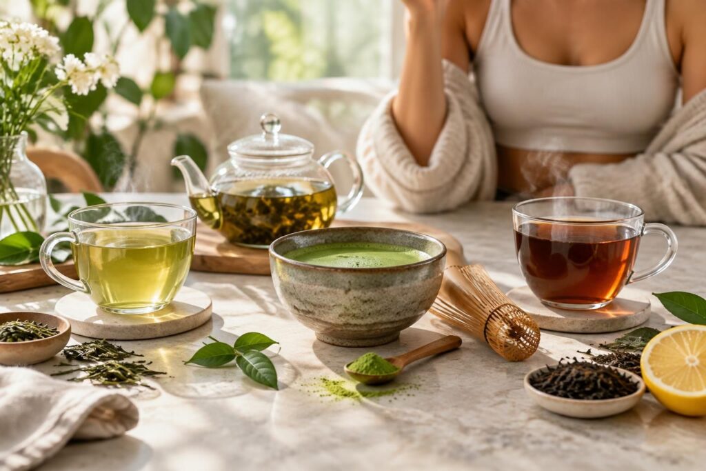 thé vert, matcha ou noir : découvrez leurs atouts et lequel choisir pour accompagner votre perte de ventre dans le cadre d’une alimentation équilibrée.