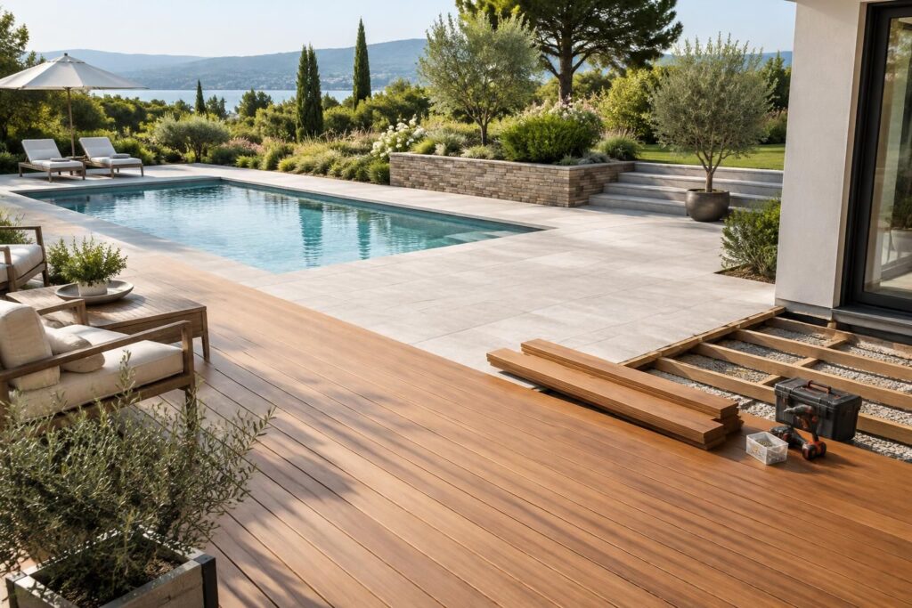 découvrez comment estimer le prix de rénovation d’une terrasse au m² selon les matériaux, l’état du bois, la proximité d’une piscine et les travaux extérieurs.